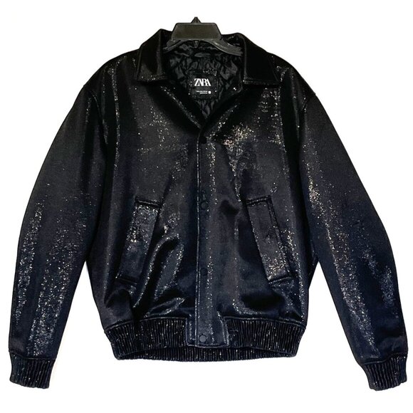 Zara Other - New Zara Black Metallic Pockets Snap Front Insulated Moto Bomber Jacket